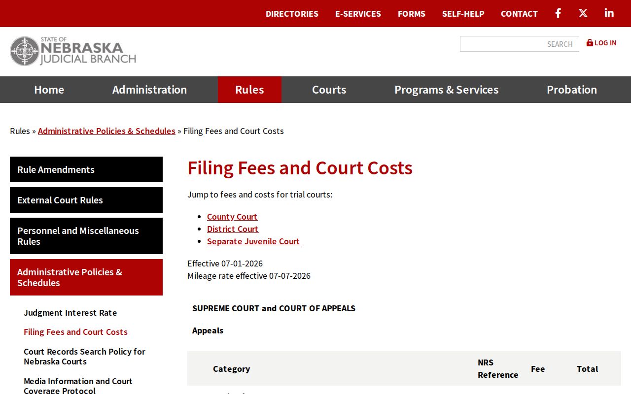 Rock County civil docket current court fee table