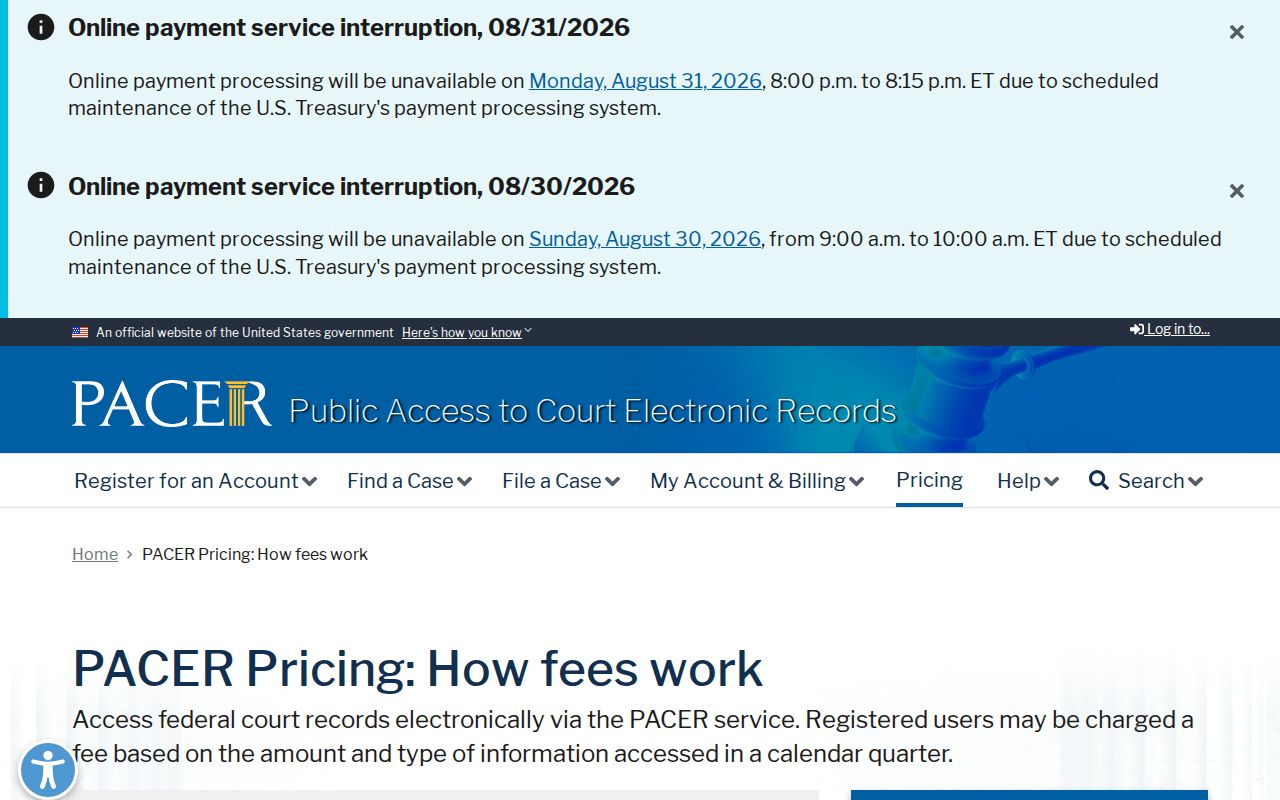 Rock County court docket PACER federal records pricing